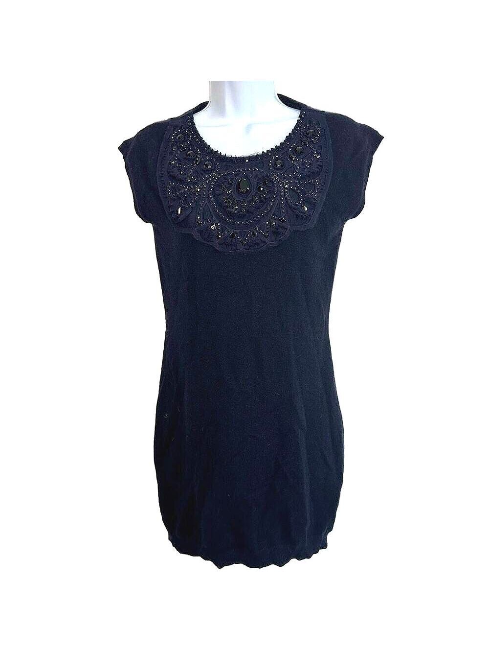 Magaschoni Navy Cashmere Beaded Sweater Dress Mini XS Embellished Luxe Knit